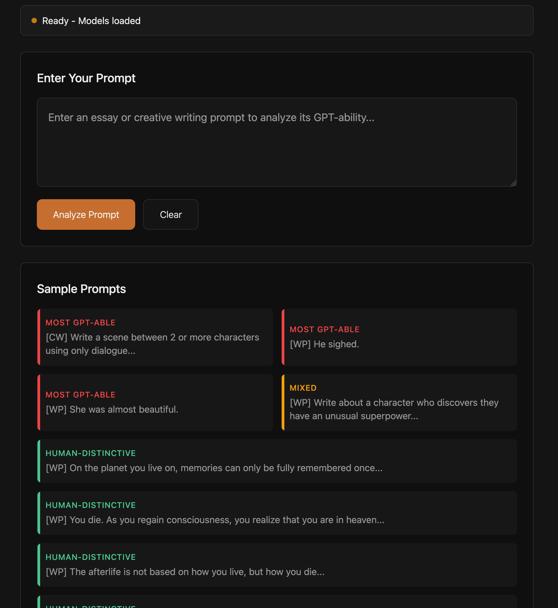 GPTability deployment showing the interactive classifier tool